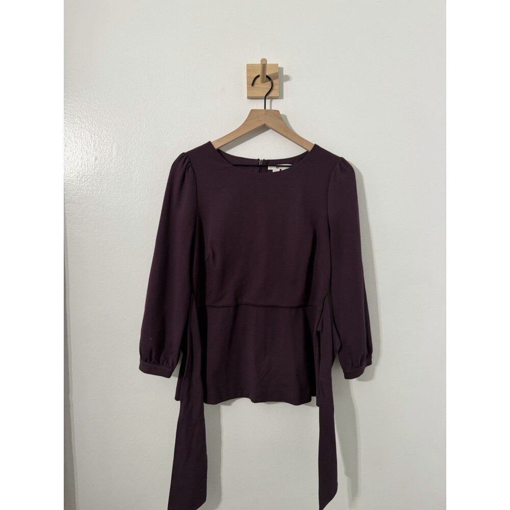 Boden Plum Purple Peplum Tie Waist Top Womens Long Sleeve Puff Shoulder Blouse 8 - Picture 2 of 6